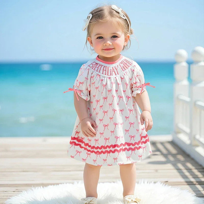 Toddler Girl Birthday Dress with Puff Sleeves and Embroidered Letters Smocked Summer Party Dress for Baby Girls - Evallys.com