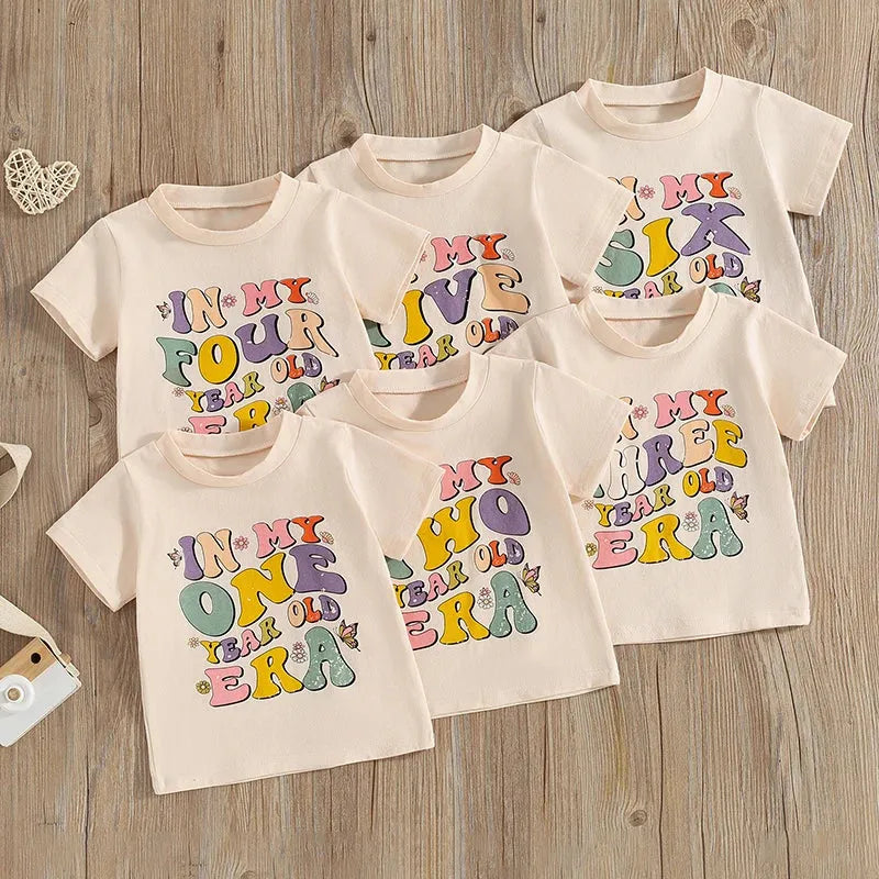 2024-04-05 Lioraitiin Summer Kids Girls Birthday T-Shirts Letter Print O-Neck Short Sleeve Birthday Shirts Casual Toddler Tops - Evallys.com