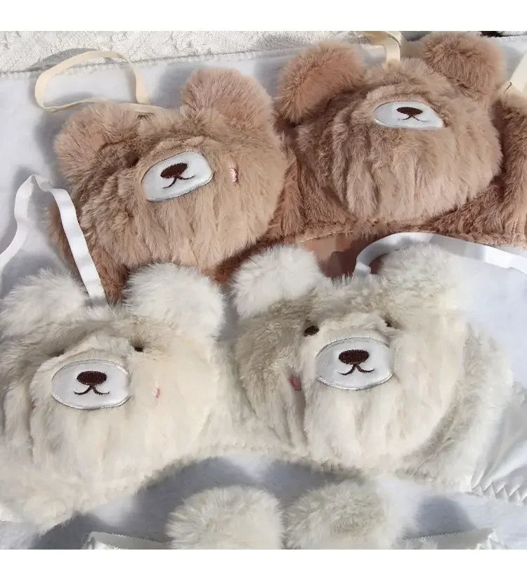 Japanese Girls Winter Soft Ropa Interior Cute Lingerie for Women Cartoon Bear Students Plush Sexy Bras Wireless Thin Bra Set - Evallys.com