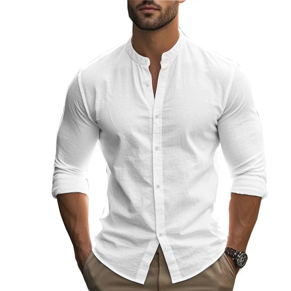 Men's Henry Shirts Cotton Linen Slim Fit Causal Hawaiian Solid Color Basic Style Spring Summer Breathable Men Clothing - Evallys.com