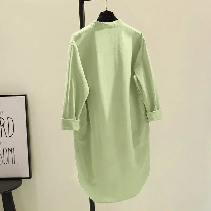 Elegant Cotton Linen Women’s Mid-Length Shirt – Casual Commuter Style - Evallys.com