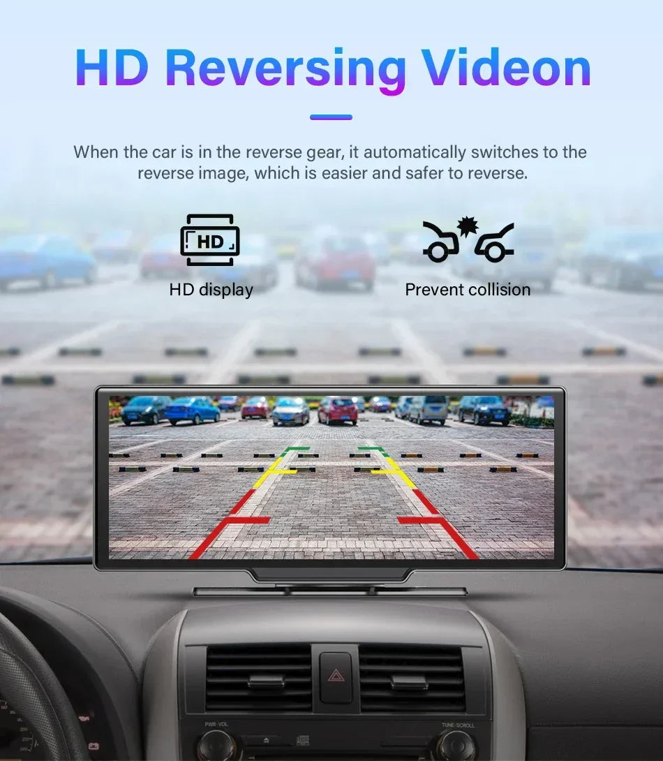 10.26'' Dash Cam 4K Car Mirror Video Player Wireless Carplay Android Auto GPS Car Monitor Multimedia Rearview Camera Dashboard - Evallys.com