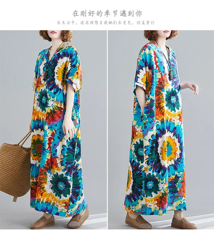 Boho Floral Maxi Dress – Cotton Linen V-Neck Summer Beach Wear - Evallys.com