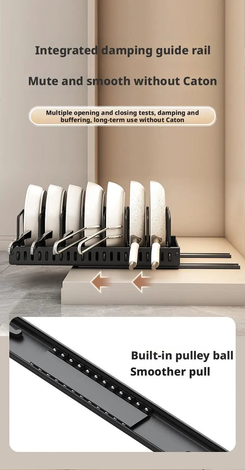 Pots and Pans Organizer Under Cabinet Sliding Pot Lid Storage Holder Kitchen Adjustable Slide Out Dish Pan Storage Rack Shelf