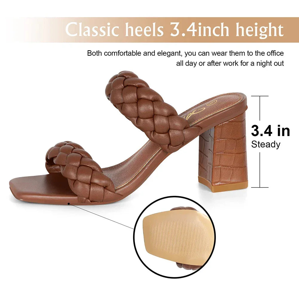 Elegant Women's Braided Heels Sandalias Fashion Strappy Square Sandals Open Toe Backless Mules Slip On Block Heeled Shoes - Evallys.com