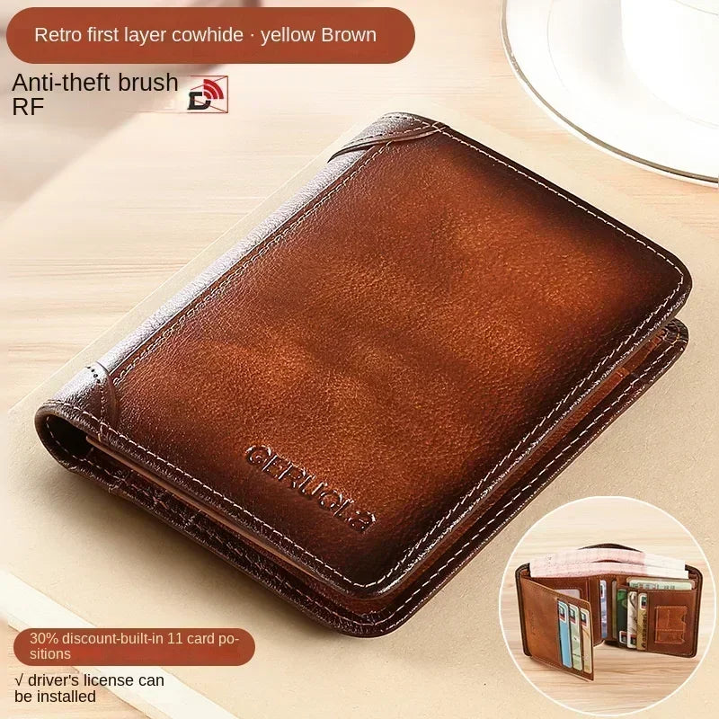Men Wallet Genuine Leather Rfid Blocking Trifold Wallet Vintage Thin Short Multi Function ID Credit Card Holder Male Purse Money - Evallys.com