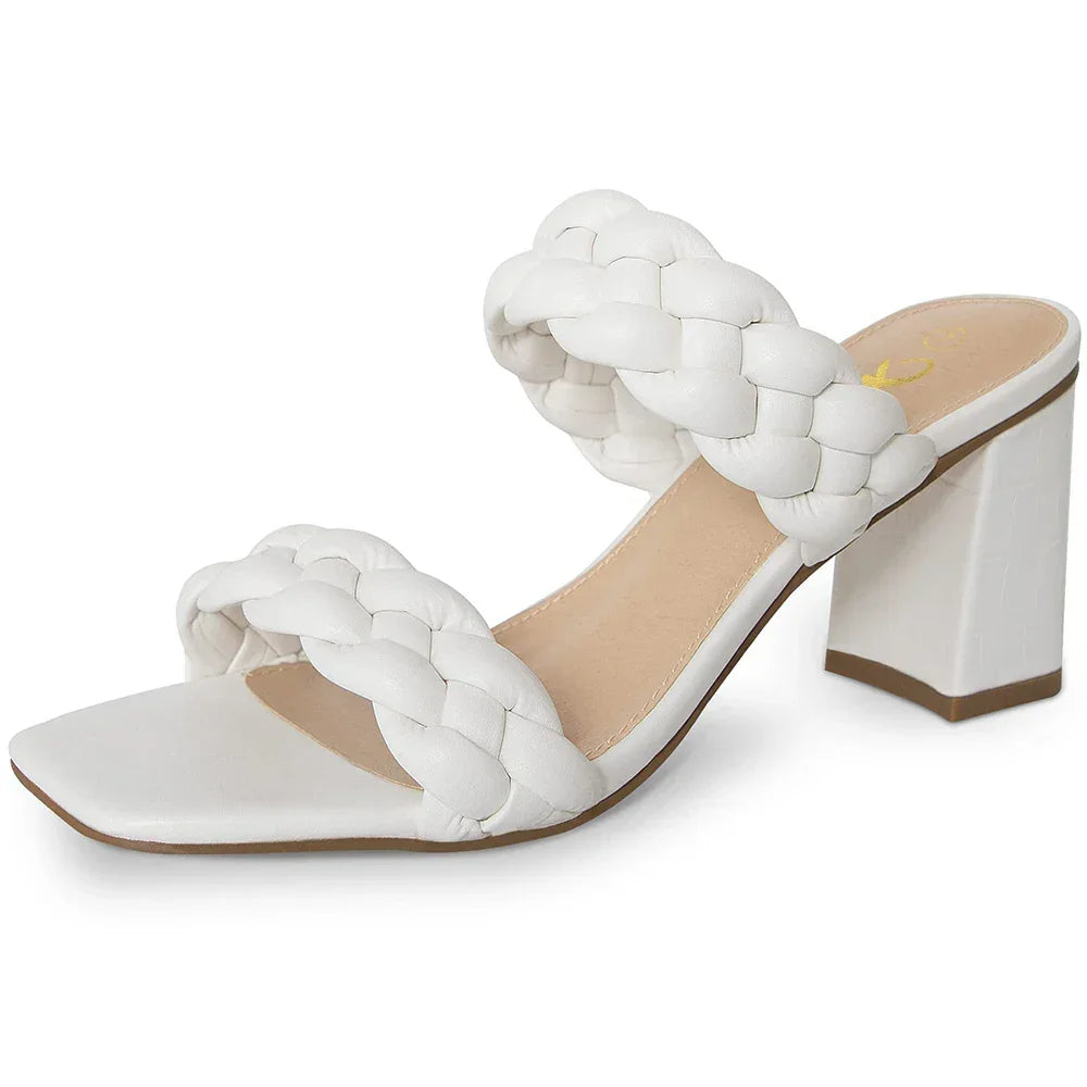 Elegant Women's Braided Heels Sandalias Fashion Strappy Square Sandals Open Toe Backless Mules Slip On Block Heeled Shoes - Evallys.com