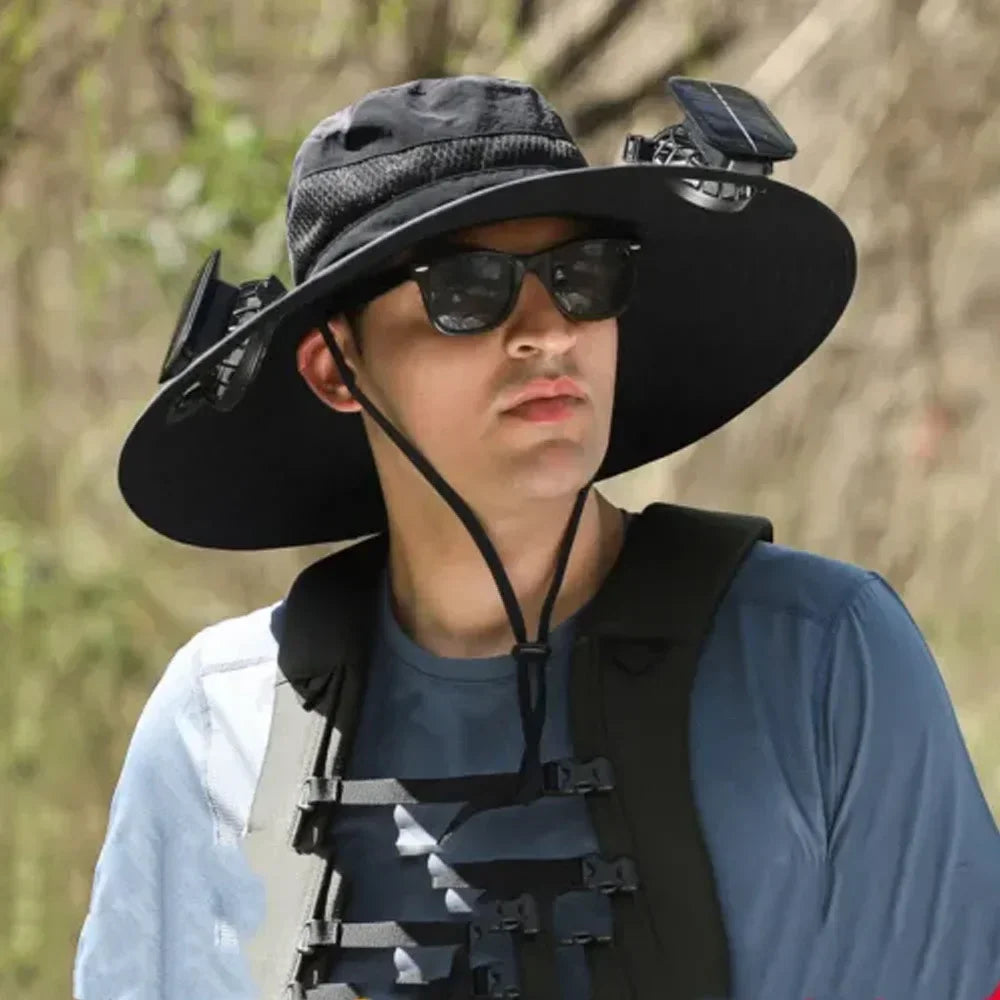 Solar Fan Sun Hat – Wide Brim Outdoor UV Protection Fishing Hat - Evallys.com