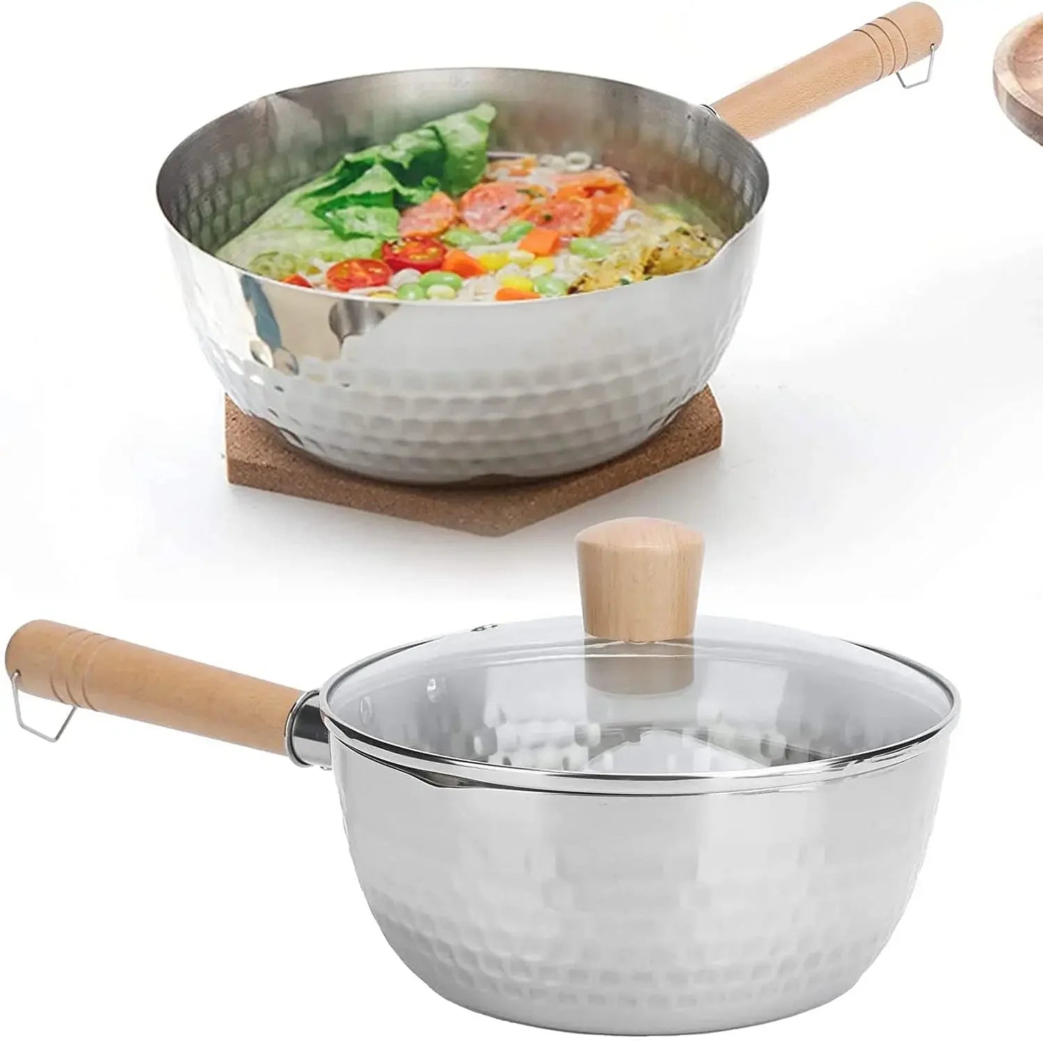 Stainless Steel Saucepan with Lid Solid wood handle with hook Multipurpose Sauce Pan with Pour Spouts, Sauce Pot, Cooking Pot - Evallys.com