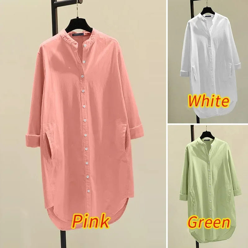 Elegant Cotton Linen Women’s Mid-Length Shirt – Casual Commuter Style - Evallys.com