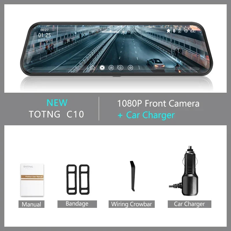 10 Inch Mirror Camera for Car Touch Screen Video Recorder Rearview Mirror Dash Cam Front and Rear Camera Mirror DVR Black Box - Evallys.com