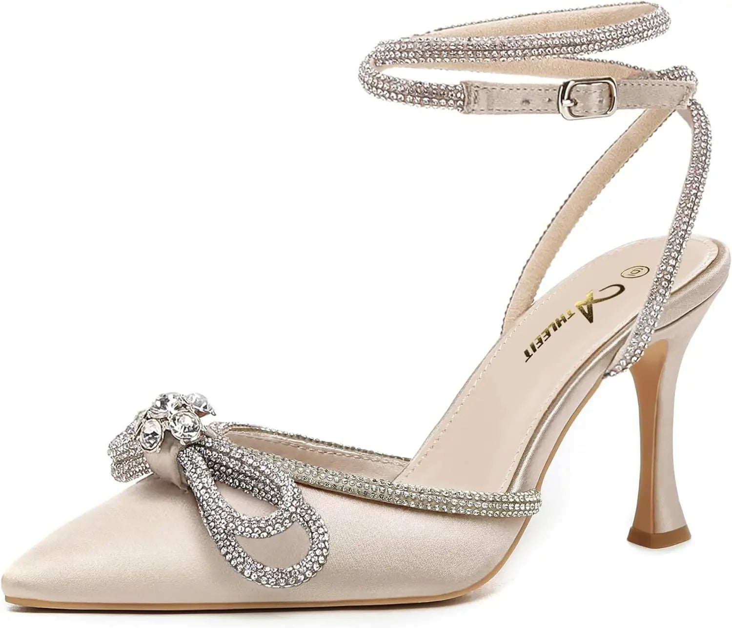Women's Rhinestone Bow Heels Ankle Strap Pointed Toe Stiletto Heeled Sandals Wedding Bridal Dress Pumps Shoes - Evallys.com