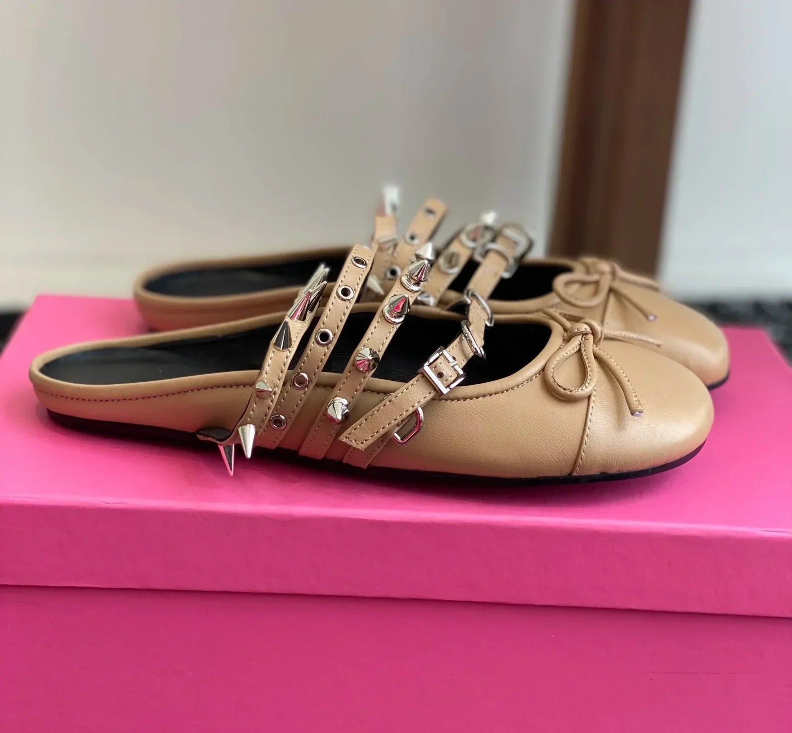 Women’s Spike Ballerina Flats – Genuine Leather Slip-On Punk Mules - Evallys.com