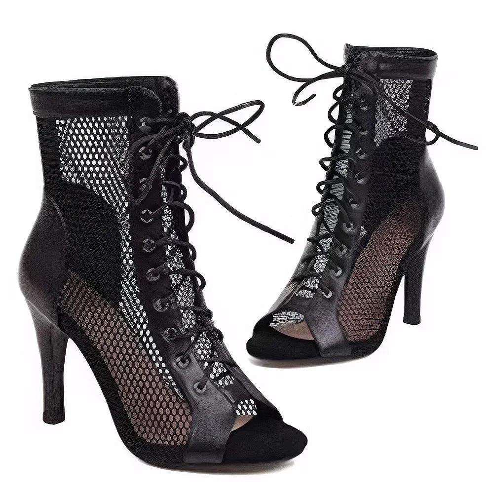 Women Mesh Sandals Breathable High Top Sandals Peep Toe Dance Shoes High Heel Summer Booties for Ballroom - Evallys.com