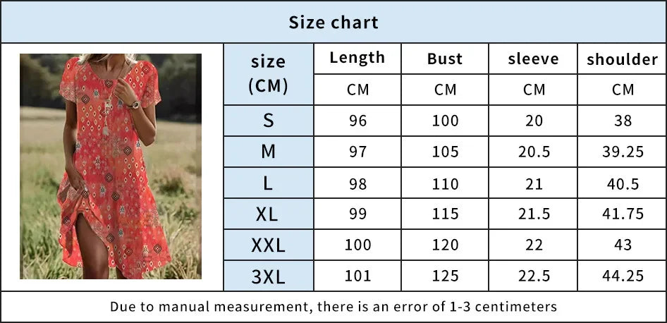 Ethnic Print Women’s Summer Dress – O-Neck Loose Fit Midi Skirt - Evallys.com