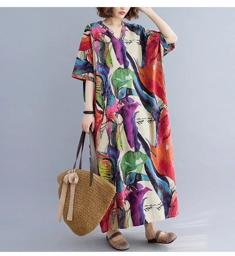 Vintage Floral Cotton Linen Maxi Dress – Oversized Boho Summer Wear - Evallys.com