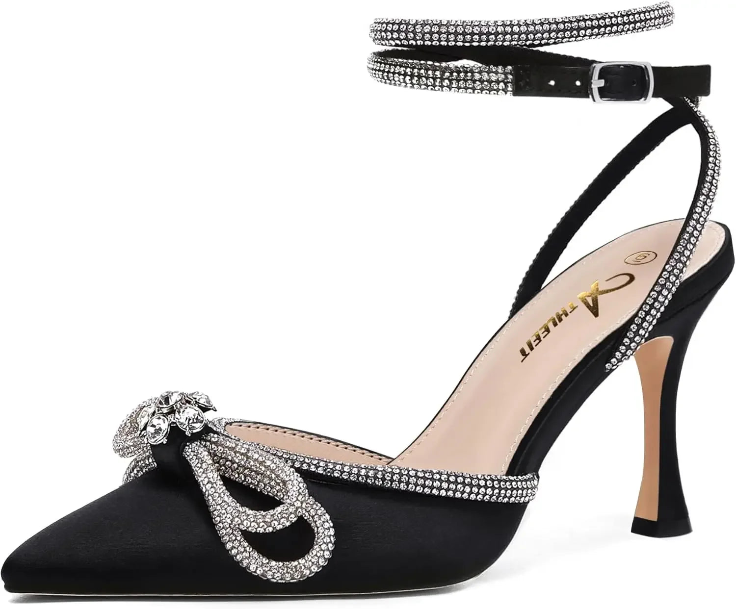 Women's Rhinestone Bow Heels Ankle Strap Pointed Toe Stiletto Heeled Sandals Wedding Bridal Dress Pumps Shoes - Evallys.com