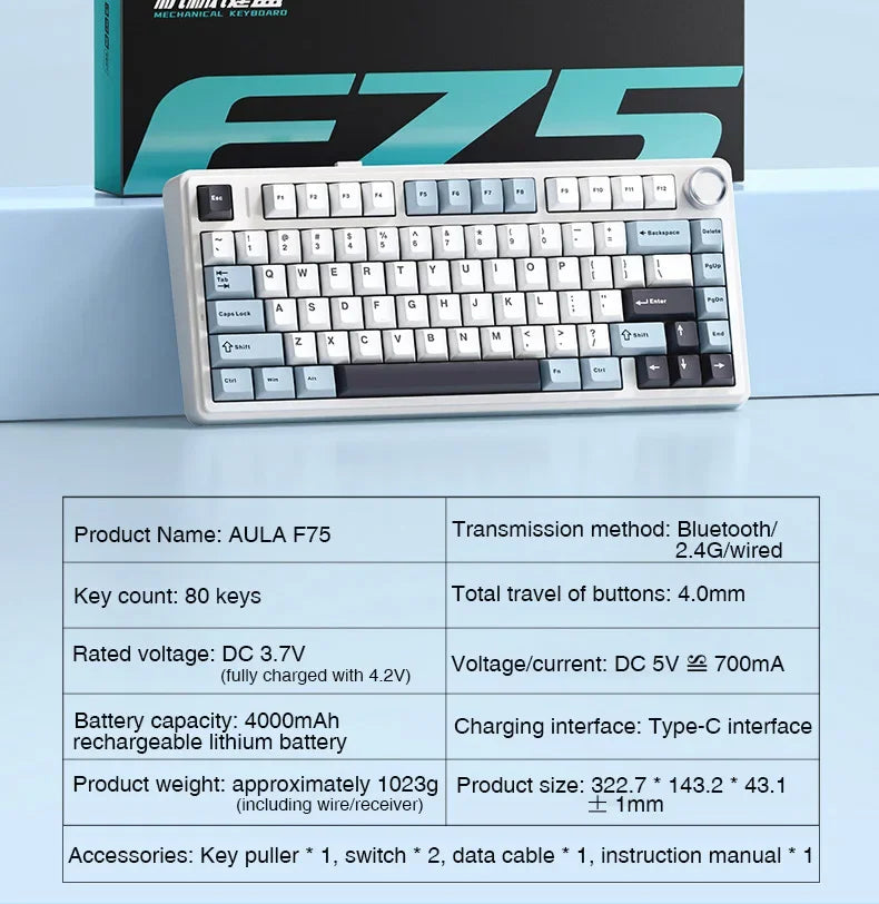 AULA F75 2.4G Wireless/Bluetooth/Wired Gaming Mechanical Keyboard RGB Customized 75% Layout Cherry Profile Gasket Structure - Evallys.com