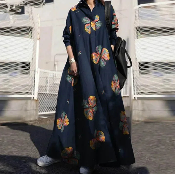 Vintage Cotton Linen Shirt Dress Women’s Autumn Long Maxi Robe - Evallys.com