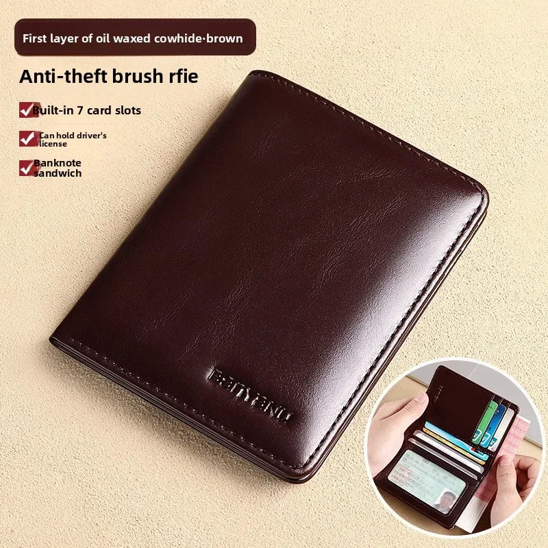 Men Wallet Genuine Leather Rfid Blocking Trifold Wallet Vintage Thin Short Multi Function ID Credit Card Holder Male Purse Money - Evallys.com