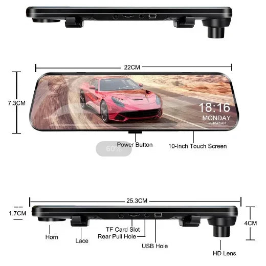 10 Inch Mirror Camera for Car Touch Screen Video Recorder Rearview Mirror Dash Cam Front and Rear Camera Mirror DVR Black Box - Evallys.com
