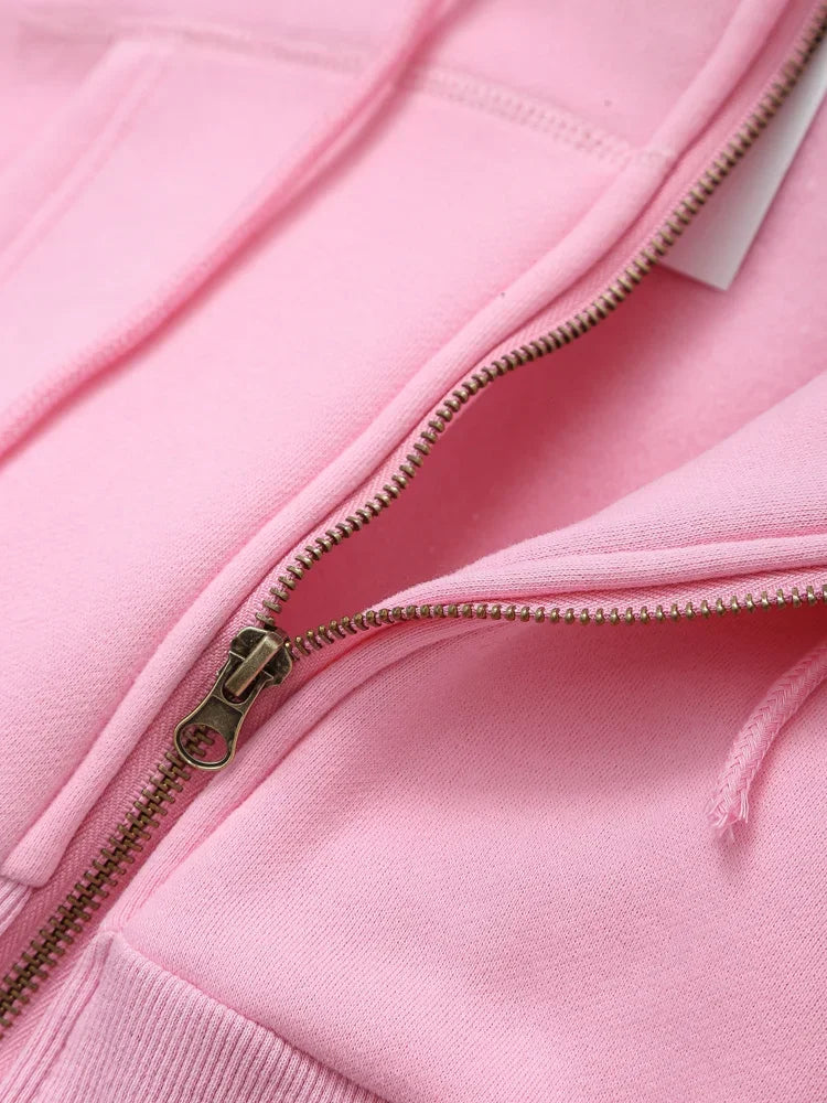 TRAF 2024 Spring Female Casual Hoodies Zipper Coats+Elastic Waist Baggy Pants 2 Pieces Set Elegant Loose Solid Pink Grey Pants - Evallys.com