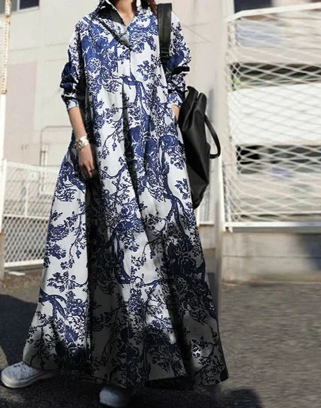 Vintage Cotton Linen Shirt Dress Women’s Autumn Long Maxi Robe - Evallys.com