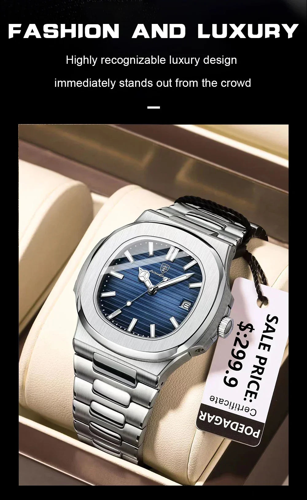 POEDAGAR Luxury Casual Watch Top Brand Fashion Square Dial Stainless Steel Calendar Luminous Waterproof Men Watch Male Clock+Box - Evallys.com