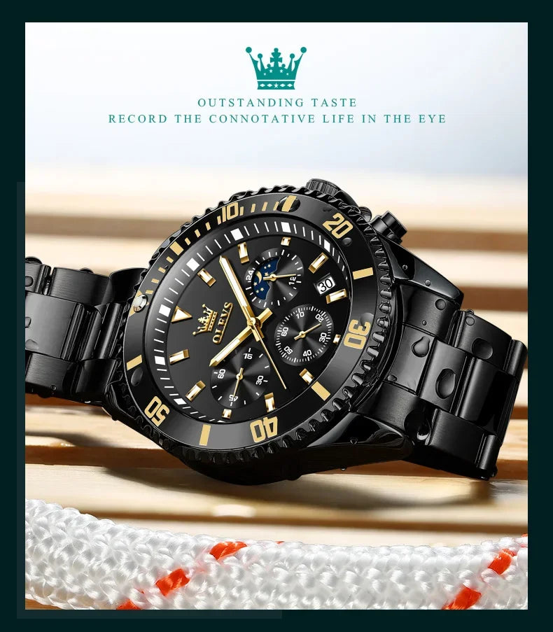 OLEVS Men's Watches Top Brand Luxury Watch for Men Original Waterproof Stainless Steel Chronograph Moon Phase Date Rota Dial - Evallys.com