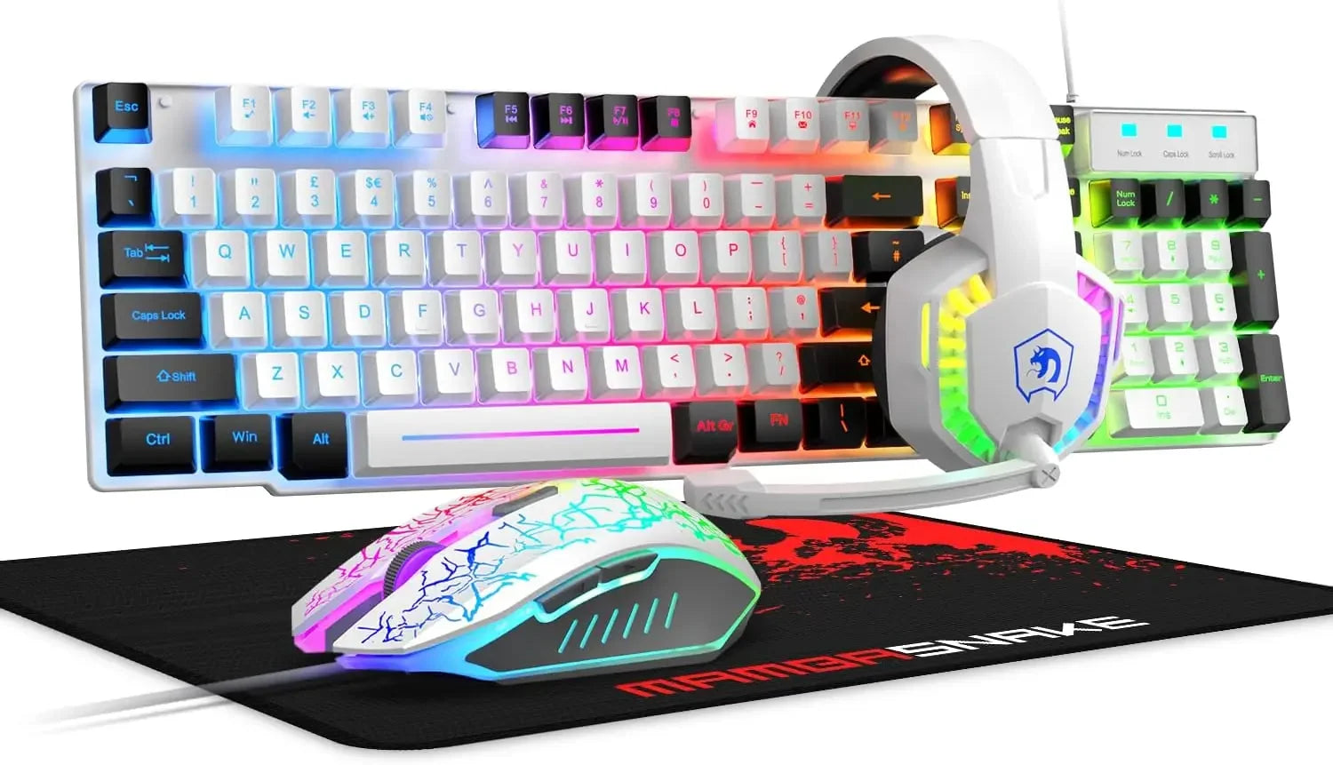 MANBASNAKE T11 Wired Gaming Keyboard and Mouse Headset Combo,Rainbow LED Backlit Wired Keyboard - Evallys.com