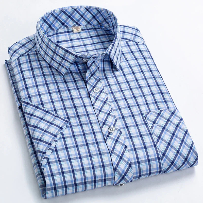 High Quality Men's Plaid Short Sleeve Shirts Business Casual Striped Turn-Down Collar Summer Man Shirt - Evallys.com