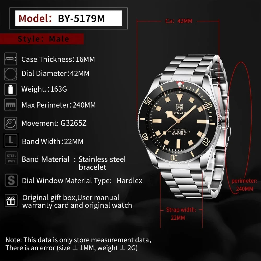 BENYAR Men's Watches Mechanical Automatic Watch BB58 Sport Watch For Men 2024 Stainless Steel Waterproof Business Luminous Clock - Evallys.com
