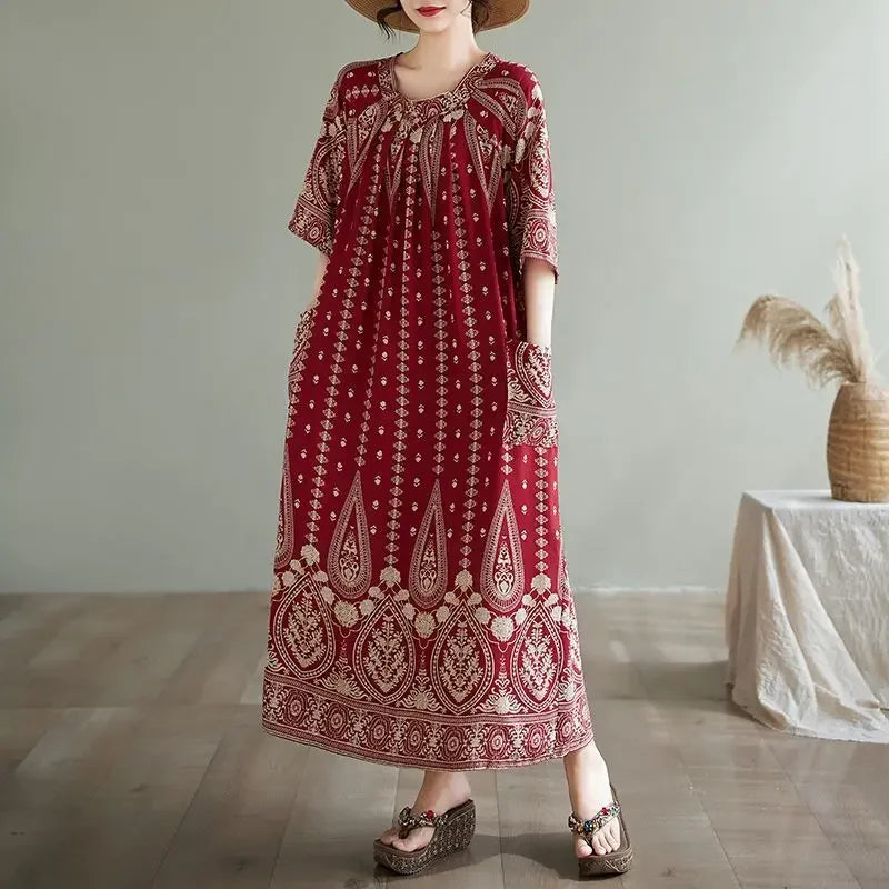 Summer Ethnic Print Dress with Pockets – Loose Mid-Calf Casual Wear - Evallys.com
