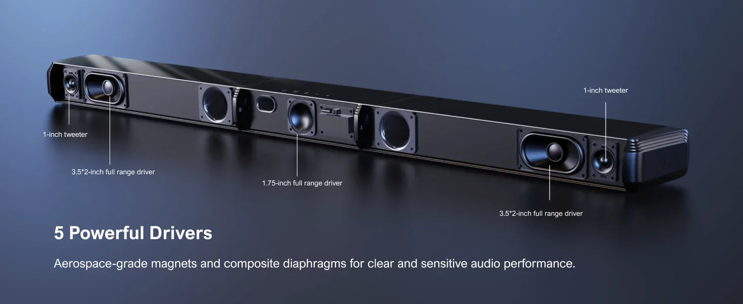 ULTIMEA 180W 5.0 Sound Bar for tv, PC SoundBar with RGB for Home Theater, Detachable Soundbar with App Control, HDMI-ARC/Opt/AUX - Evallys.com