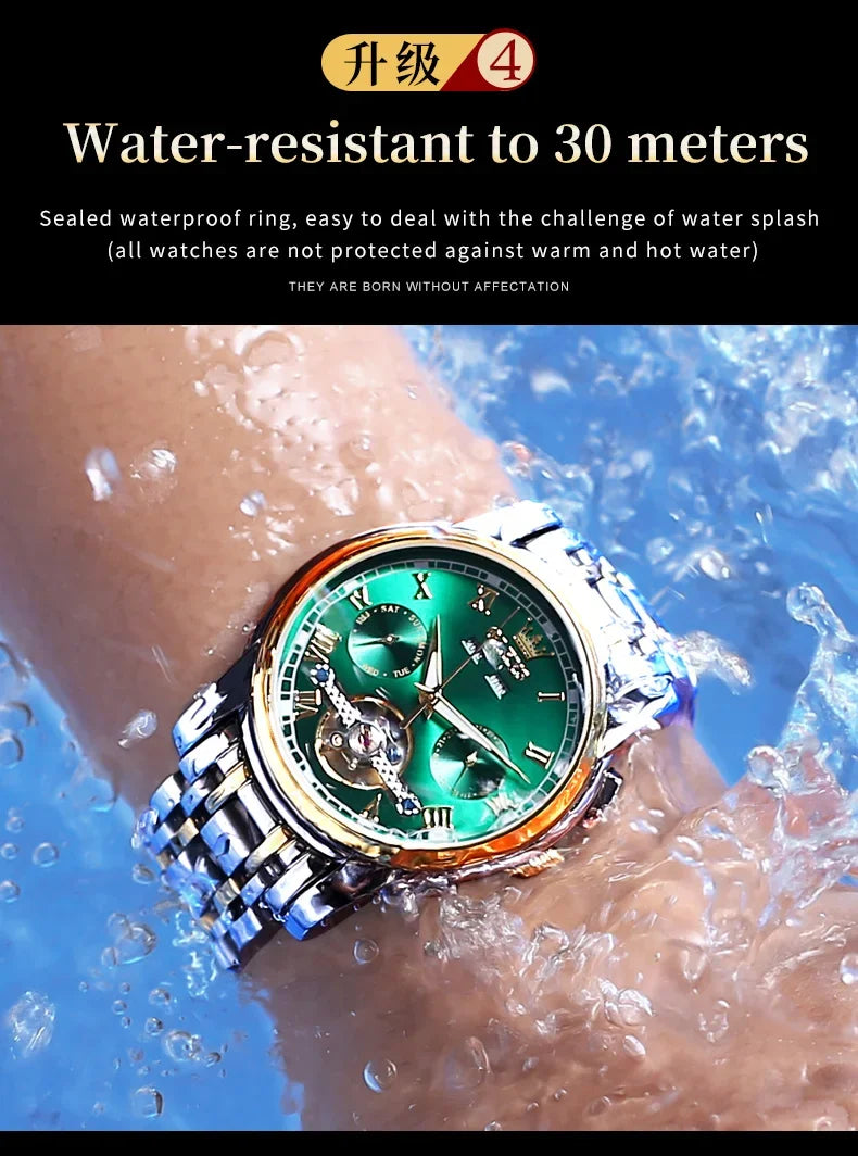 OLEVS Men's Watches Automatic Mechanical Business Wristwatch Waterproof Stainless Steel Strap Watch for Man Skeleton Calendar - Evallys.com