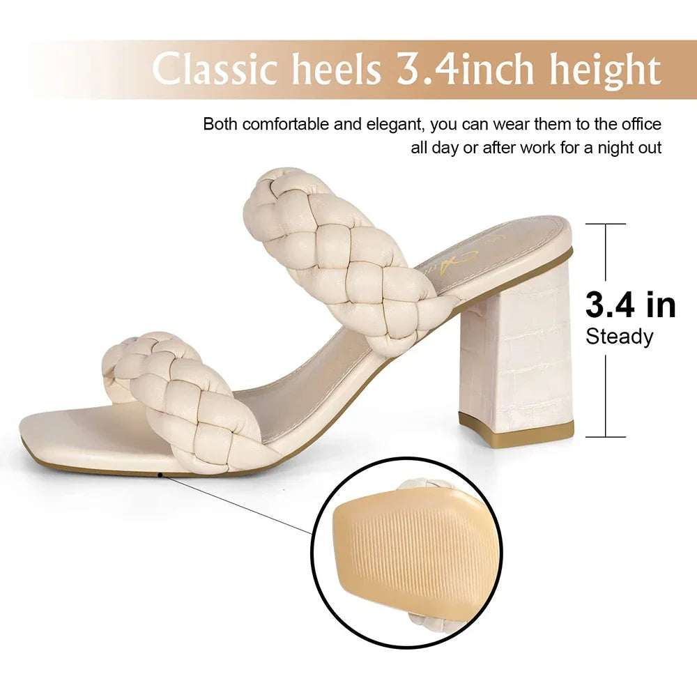 Elegant Women's Braided Heels Sandalias Fashion Strappy Square Sandals Open Toe Backless Mules Slip On Block Heeled Shoes - Evallys.com