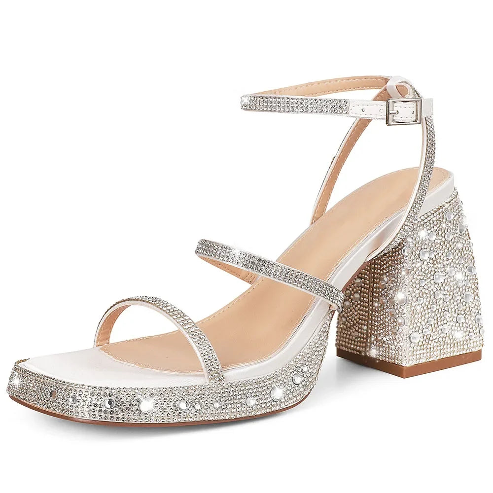 GIGIFOX Shiny Crystals Women Sandals Platform Chunky High Heel Ankle Strap Buckle Strap Shoes Sexy Elegant Dress Party Sandals - Evallys.com