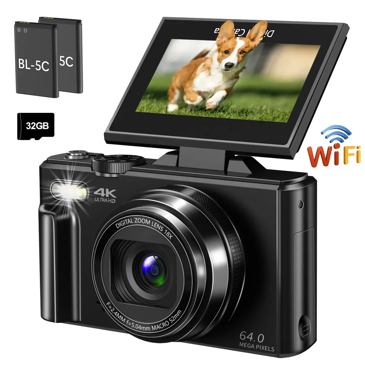 4K compact digital photography camera, 18x digital zoom, vintage vlog video recorder for YouTube, 180° flip screen, WiFi webcam - Evallys.com