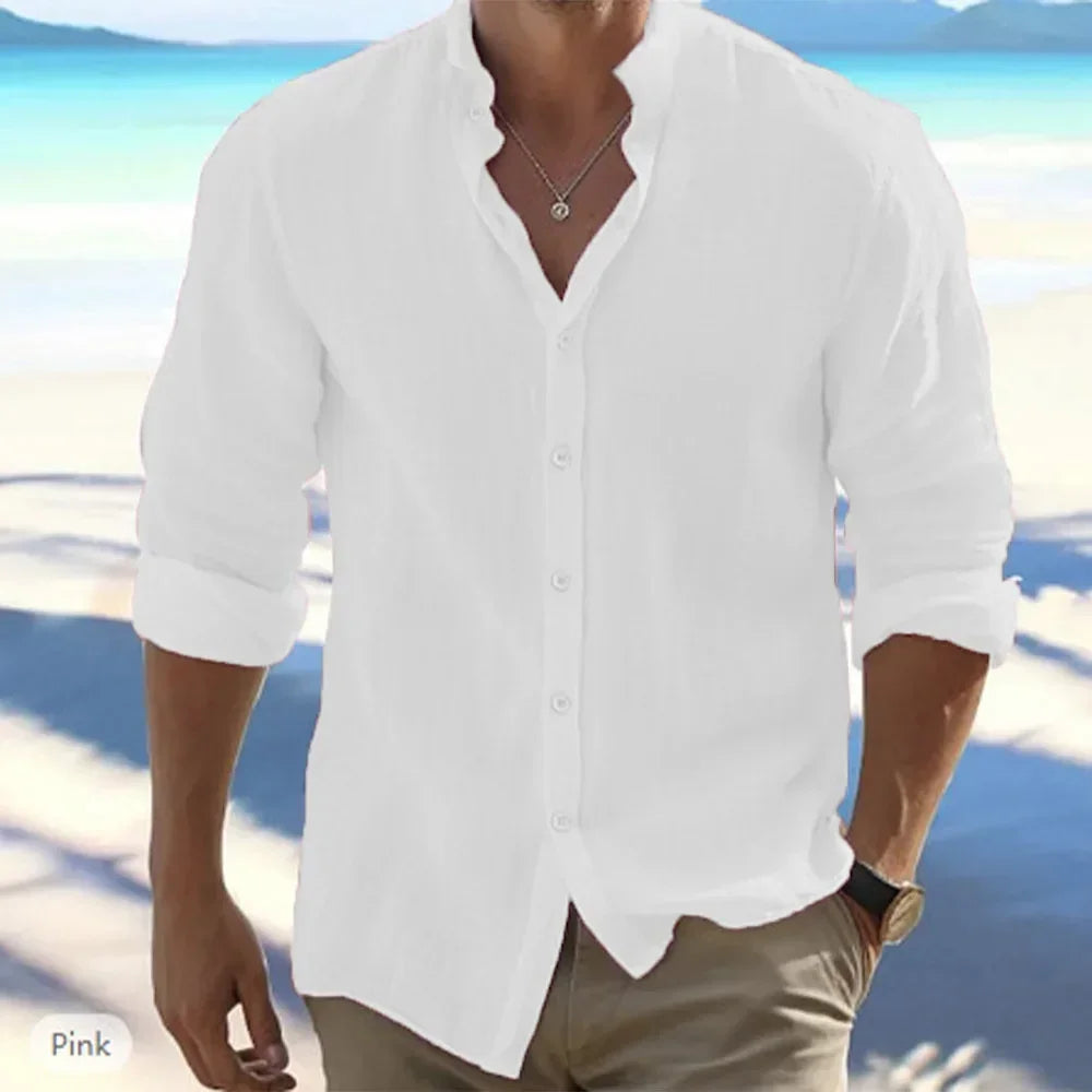 Men's Long-Sleeved Cotton Linen Summer Hot Sale Beach Style Shirts Solid Color Casual Versatile Stand-Up Collar Shirt Male Top - Evallys.com