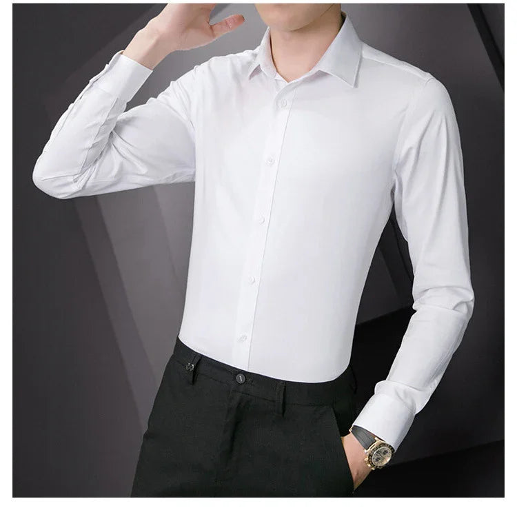 New Plus Size Men Solid Color Business Shirt Fashion Classic Basic Casual Slim White Long Sleeve Shirt Brand Clothes - Evallys.com