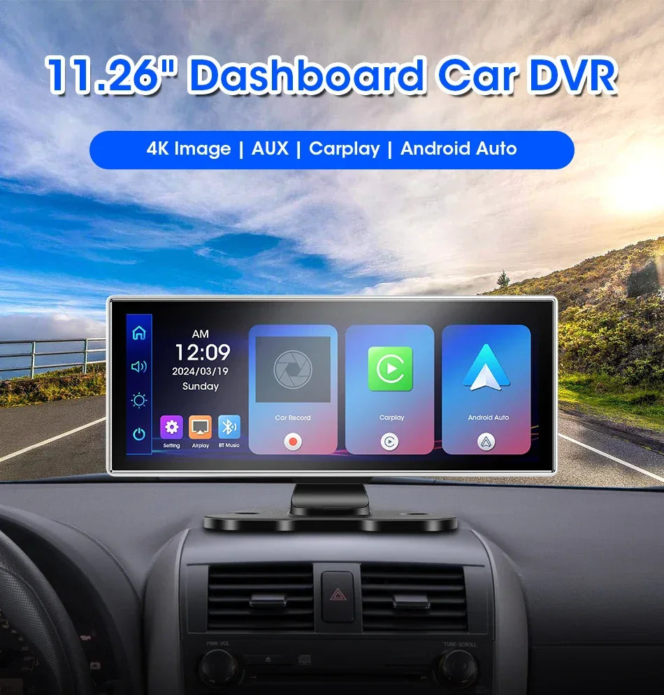 11.26 inch Car DVR 4K Dash Cam Dual Lens Wireless Carplay & Android Auto Video Recorder Monitor GPS Navigation 5G Wifi FM AUX - Evallys.com