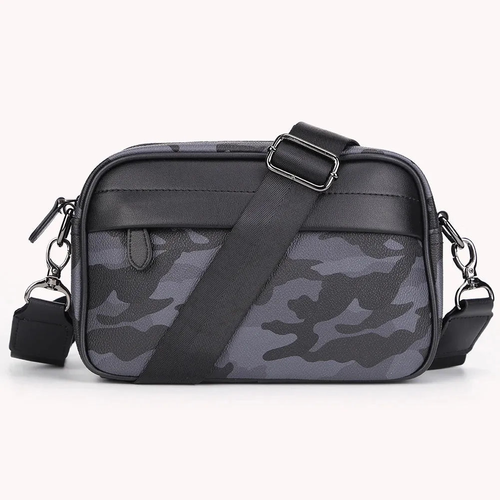Leather Fashion Crossbody Bag Classic Pattern Casual Business Men Shoulder Crossbody Bag Wide Strap Small Square for Travel Work - Evallys.com