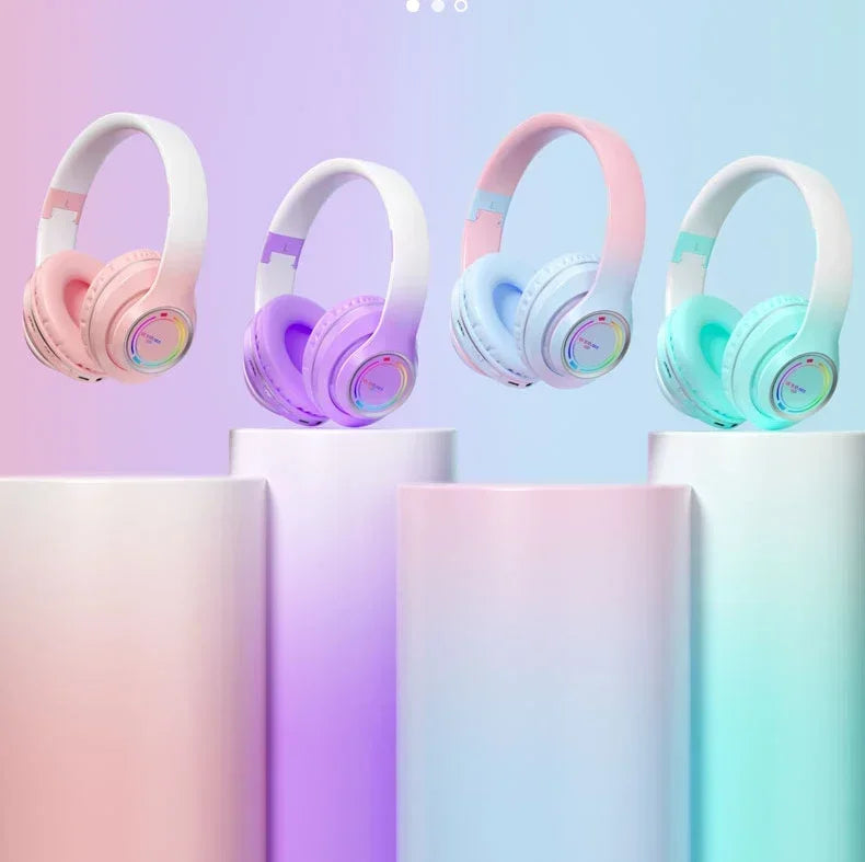 RGB Bluetooth Wireless Headphones For Girls Children's Headset with Microphone Support SD Card HIFi Stereo Gaming Earphone - Evallys.com