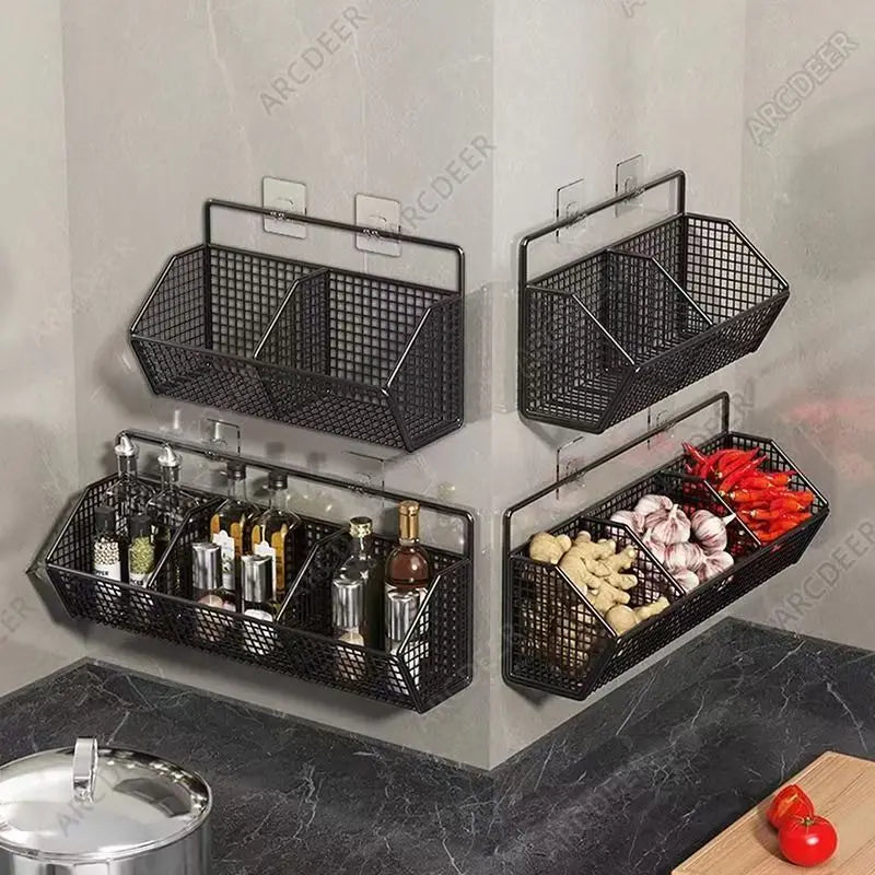 Kitchen Storage Shelf Wall Mounted Bathroom Organizer Basket No Drill Adhesive Mount Rack for Vegetable Fruit Drain Baskets