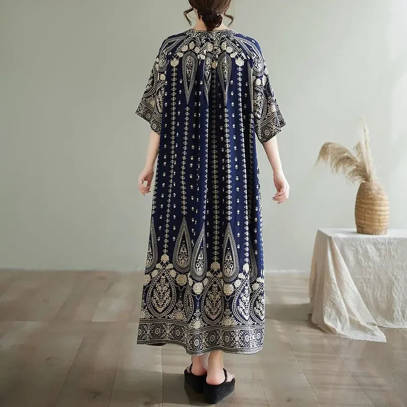 Summer Ethnic Print Dress with Pockets – Loose Mid-Calf Casual Wear - Evallys.com