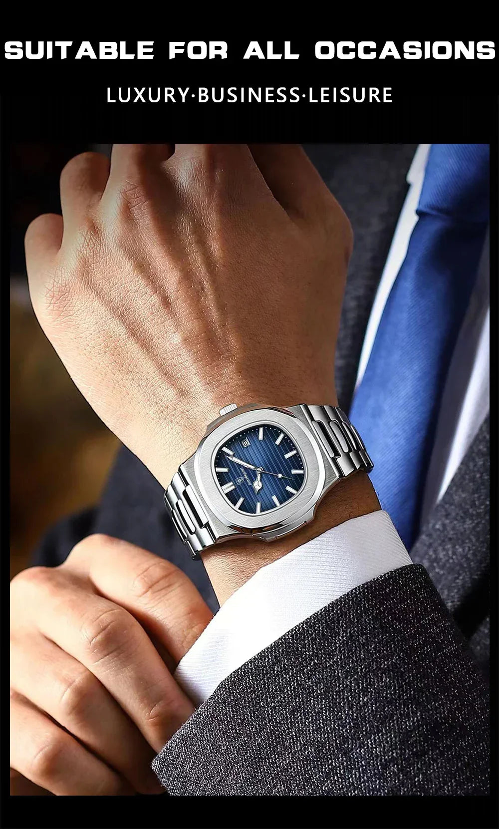 POEDAGAR Luxury Casual Watch Top Brand Fashion Square Dial Stainless Steel Calendar Luminous Waterproof Men Watch Male Clock+Box - Evallys.com