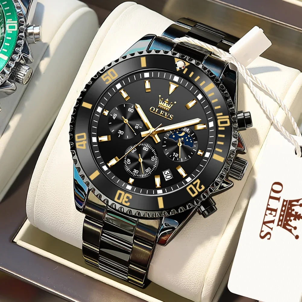 OLEVS Men's Watches Top Brand Luxury Watch for Men Original Waterproof Stainless Steel Chronograph Moon Phase Date Rota Dial - Evallys.com