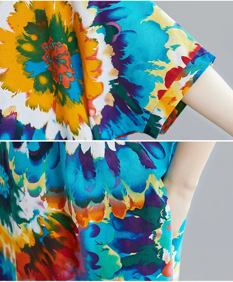 Boho Floral Maxi Dress – Cotton Linen V-Neck Summer Beach Wear - Evallys.com