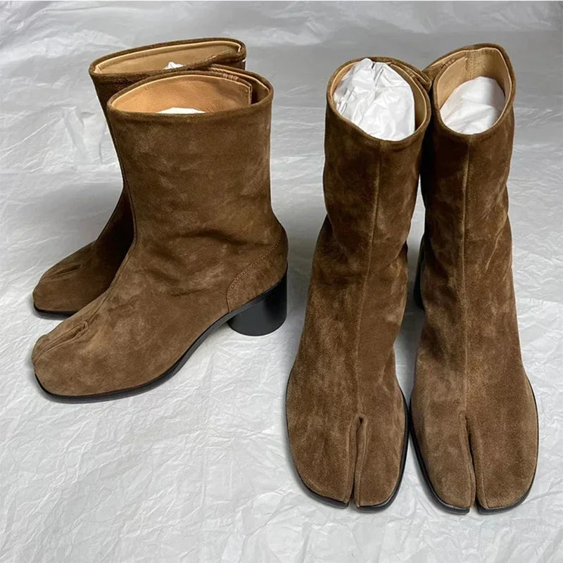 2024 Autumn Winter Soft Leather Split toe Tabi Women Ankle Boots Fashion Thick High heels Chunky Shoes Ins Style Short Booties - Evallys.com