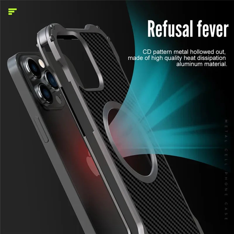 Carbon Fiber Lens Protection Phone Case for iPhone 14 Plus 12 13 Pro Max Mini Compatible with MagSafe Metal Bumpers Cover - Evallys.com